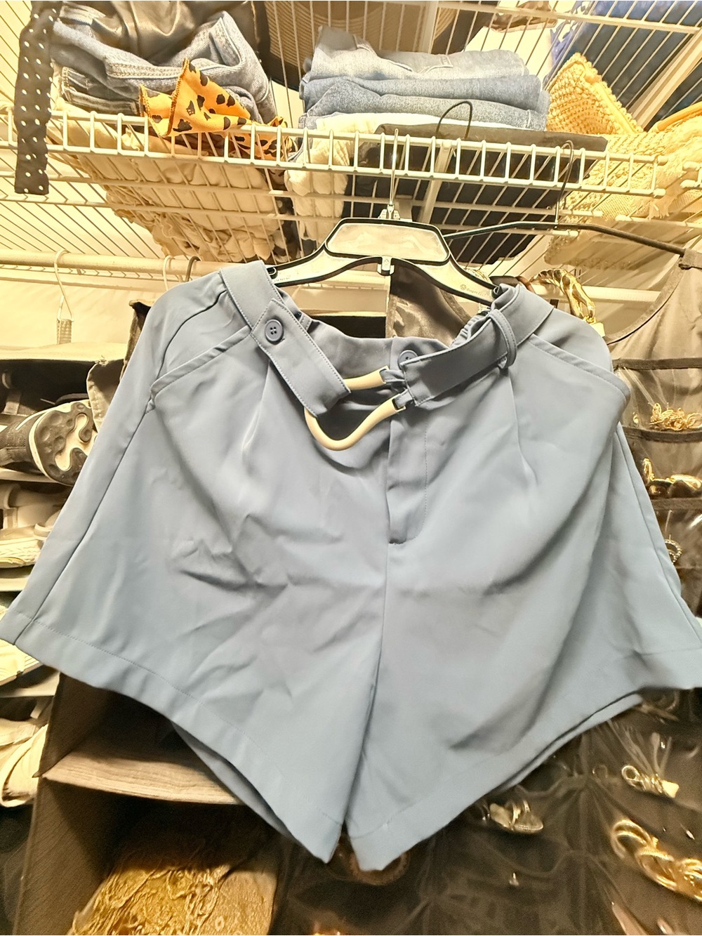 Blue High-Waist Belted Women's trouser shorts
